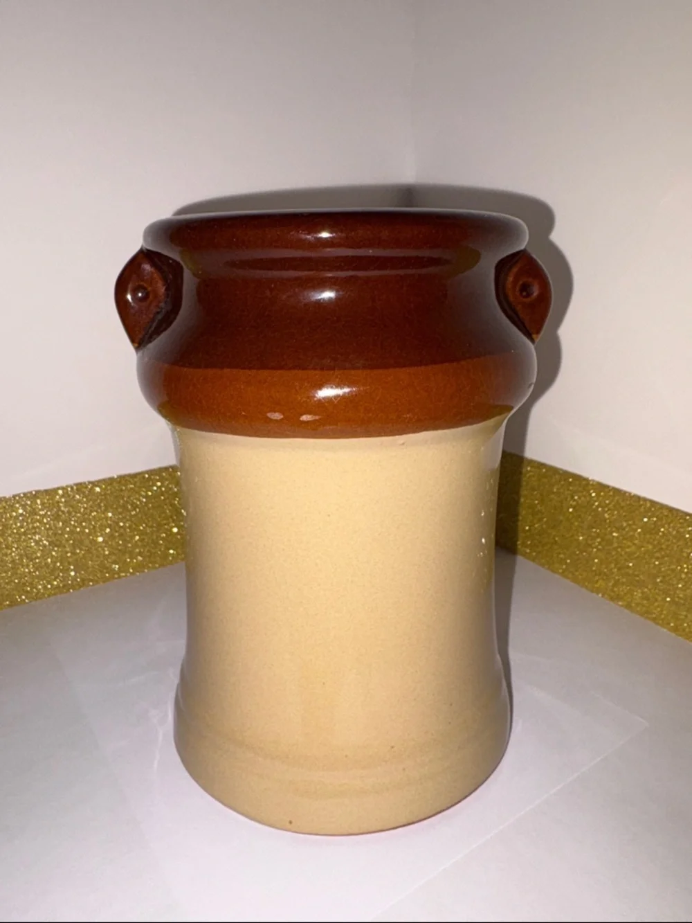 Vintage Interpur - Tone Brown and Cream Stoneware Utensil Crock